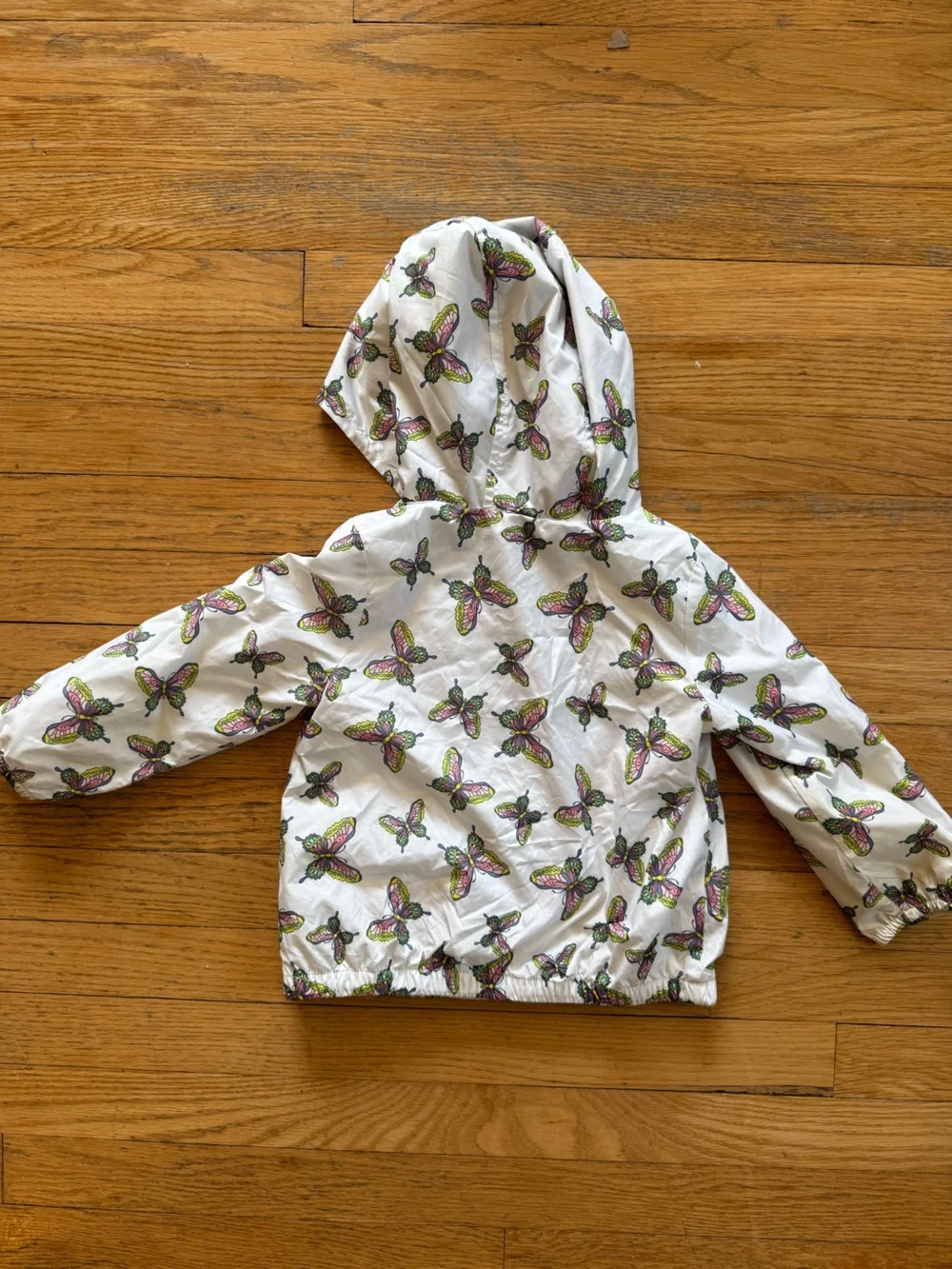Old Navy White Hooded Raincoat with Pink and Green Butterfly Print